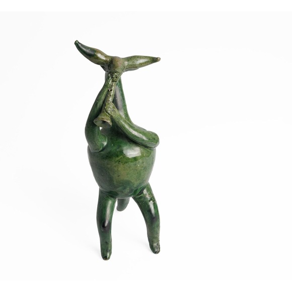 Other - Vintage Flute Player Figurine Green Glaze Hand Made Folk Art Whimsical